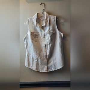 Liz Claiborne Khaki SL Button Down Collared Two Pckt  Linen Blend Camp Top SZ M